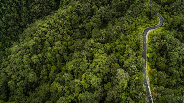 Jalan lintas Nagan Raya-Aceh Tengah terlihat sudah beraspal dari atas di kawasan Gunung Singgah Mata. Foto: Abdul Hadi/acehkini