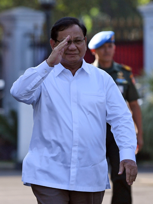 Prabowo Subianto memberi hormat saat tiba di Istana Kepresidenan, Jakarta. Foto: ANTARA FOTO/Wahyu Putro A
