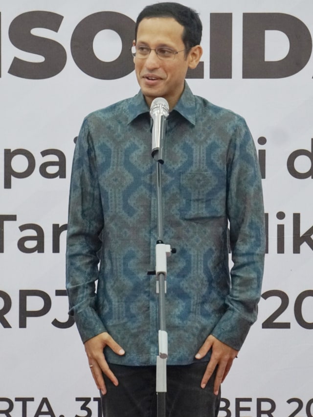 Mendikbud Nadiem Makarim di acara Konsolidasi perencanaan pencapaian dan misi Presiden serta sasaran dan target indikator bidang PMK dalam RPJM 2020-2024. Foto: Irfan Adi Saputra/kumparan 