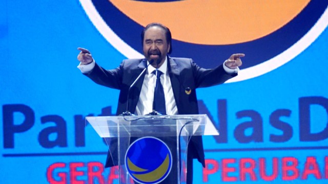 Ketua Umum Partai NasDem Surya Paloh memberikan sambutan di pembukaan Kongres II Partai NasDem, di JIEXPO Kemayoran, Jakarta, Jumat (8/11/2019).
 Foto: Fanny Kusumawardhani/kumparan