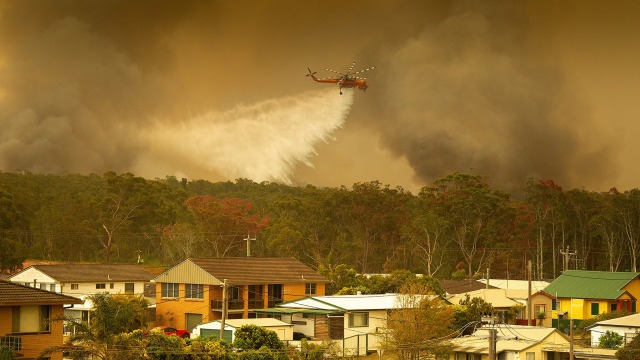 Helikopter petugas pemadam kebakaran berusaha memadamkan api yang membakar hutan di Harrington, Australia. Foto: AAP Image / Shane Chalker / via Reuters