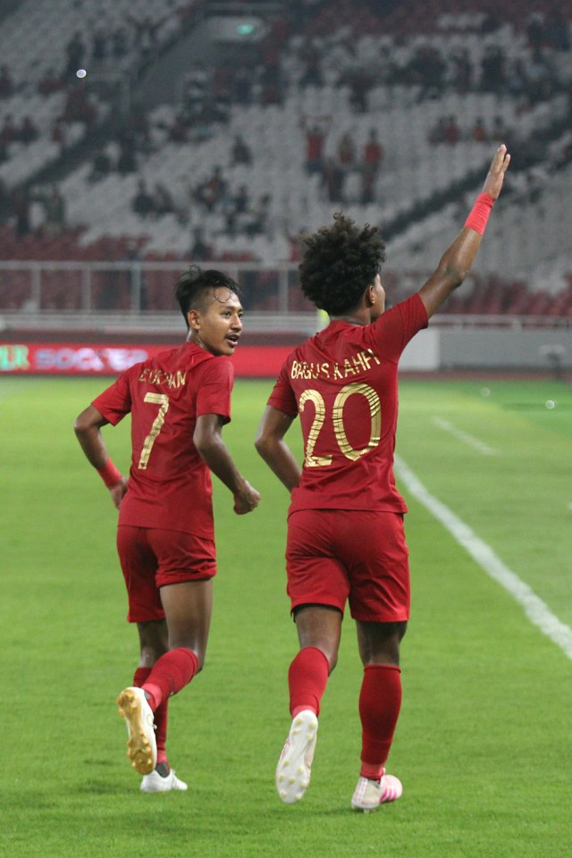 Selebrasi Amiruddin Bagus Al-Fikri (kanan) saat melawan Korea Utara di Kualifikasi Piala Asia U-19 di Stadion Utama GBK, Jakarta, Minggu (10/11/2019). Foto: Nugroho Sejati/kumparan