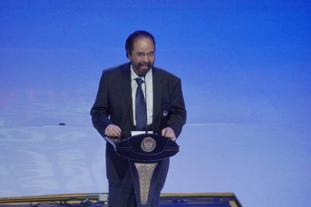 Ketua Umum Partai Nasional Demokrat (Nasdem) Surya Paloh memberi sambutan di HUT ke 8 NasDem. Foto: Helmi Afandi Abdullah/kumparan