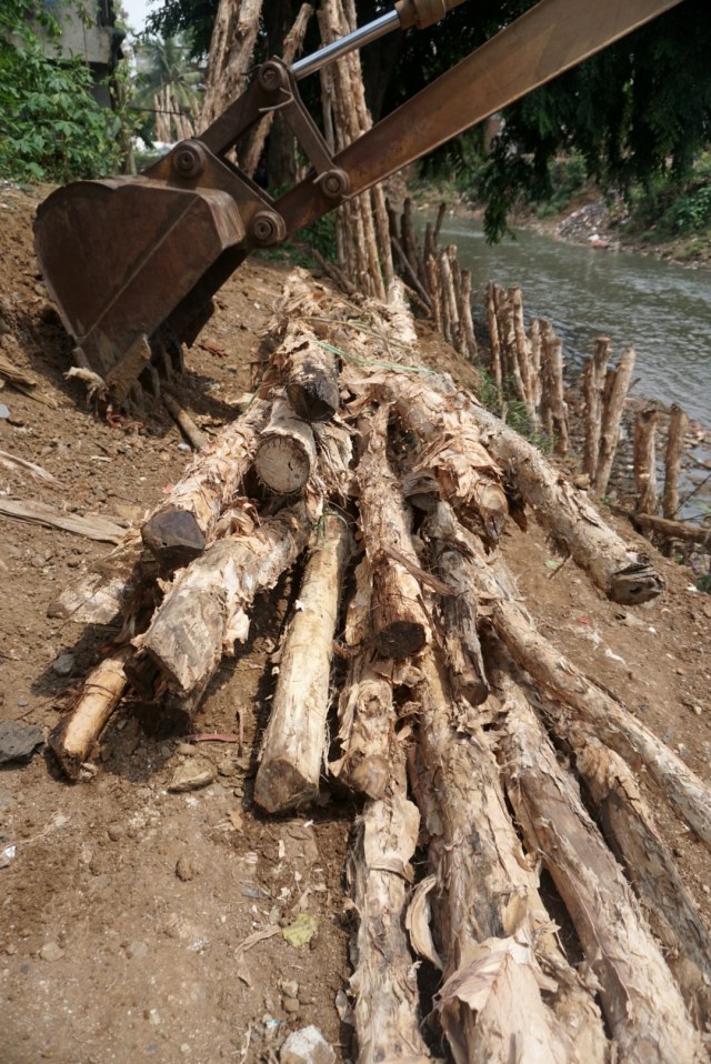 Alat berat mengangkut kayu untuk membuat turap di Kali Ciliwung, Kamis (14/11). Foto: Iqbal Firdaus/kumparan