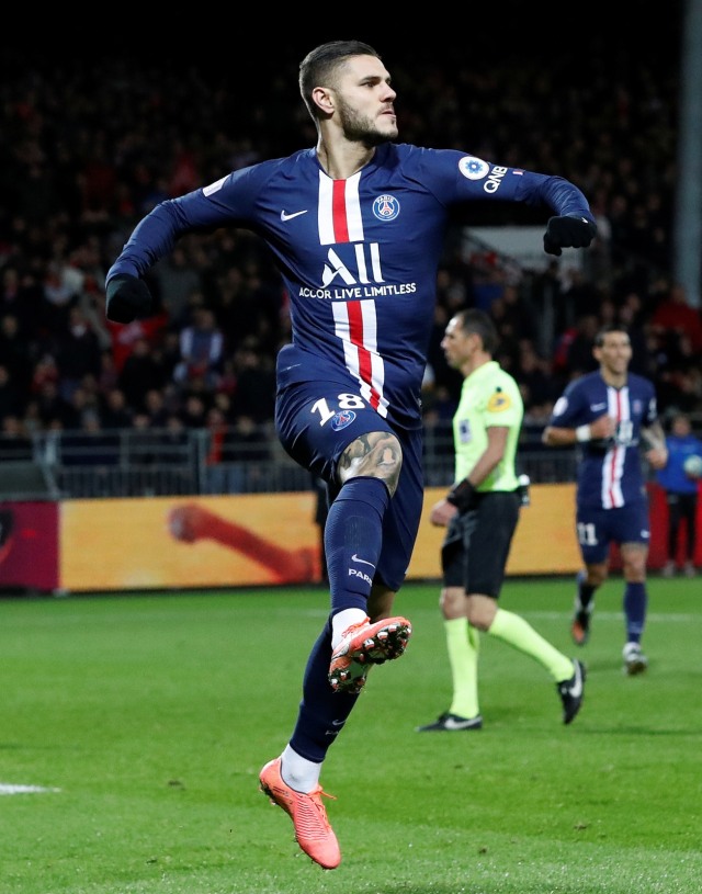 Mauro Icardi merayakan gol ke gawang Stade Brestois. Foto: Reuters/Stephane Mahe