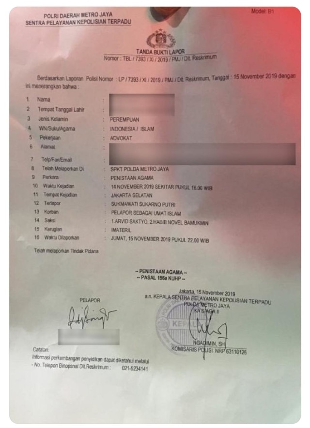 Bukti laporan Sukmawati dilaporkan penista agama ke Polda Metro Jaya. Foto: Dok. Istimewa