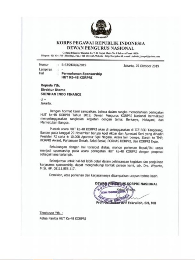 Surat permohonan Korpri meminta bantuan dana ke swasta. Foto: Dok. Istimewa