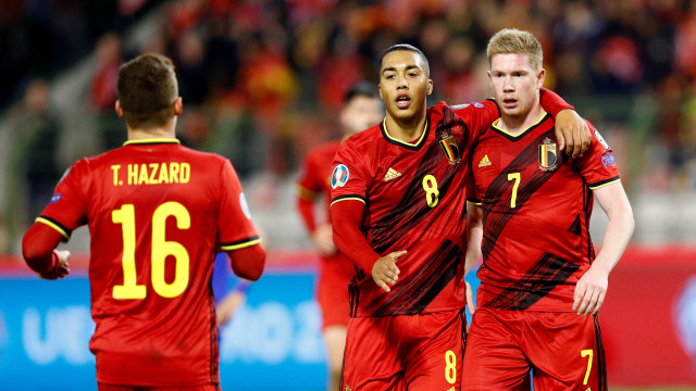 Para pemain Belgia merayakan gol Kevin de Bruyne ke gawang Timnas Siprus. Foto: REUTERS/Francois Lenoir