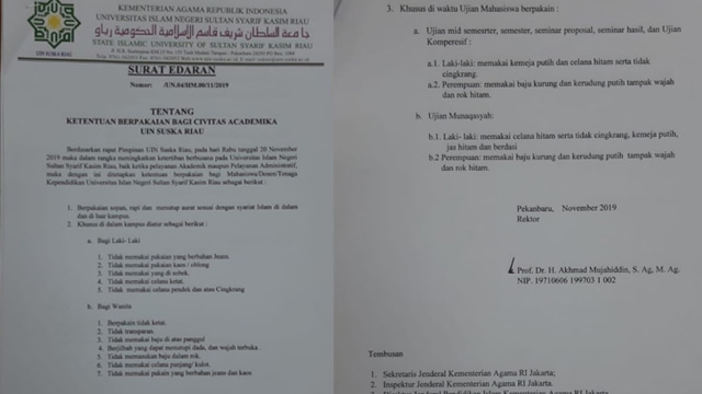 SURAT edaran berisikan larangan kenakan celana cingkrak bagi mahasiswa dan cadar untuk mahasiswi UIN Suska Riau. 