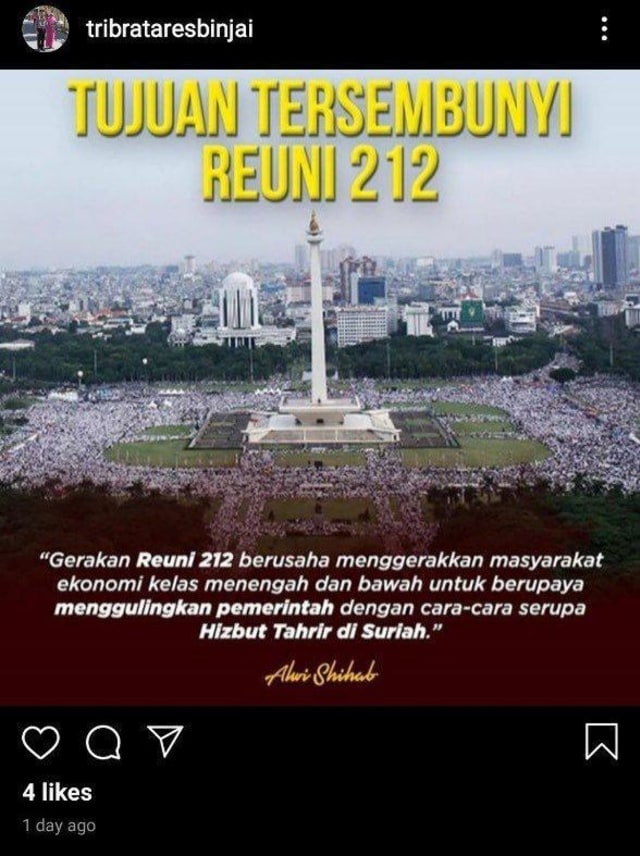 Unggahan instagram Polres Binjai terkait Reuni 212. Foto: Dok. Istimewa