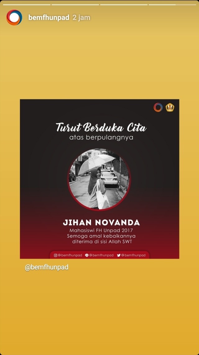 Unggahan turut berduka cita untuk Mahasiswi Unpad yang tewas terlindas truk di Jatinangor, Kabupaten Sumedang. Foto: Instagram/@bemfhunpad.