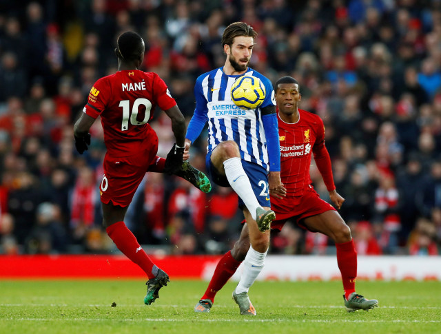 Pertandingan antara Liverpool vs Brighton & Hove Albion di Anfield, Liverpool, Inggris. Foto: Reuters/Jason Cairnduff 