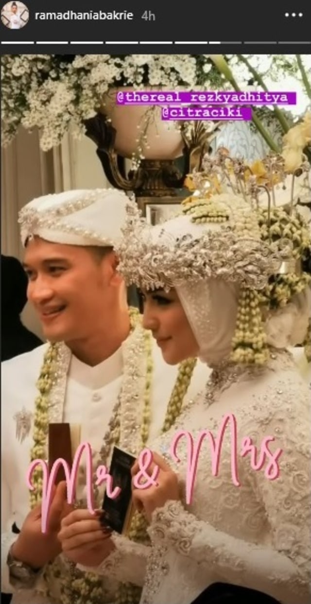 Citra Kirana dan Rezky Aditya. Foto: Instagram/@ramadhaniabakrie
