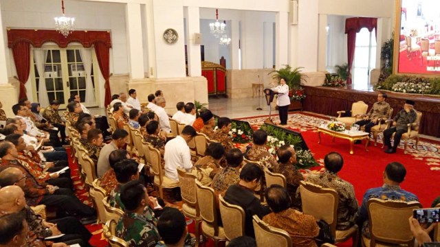 Dewan Pengarah BPIP Megawati Soekarputri saat memberikan sambutan di acara Presidential Lecture Internalisasi Pembumian Pancasila, Selasa (3/12). Foto: Fahrian Saleh/kumparan