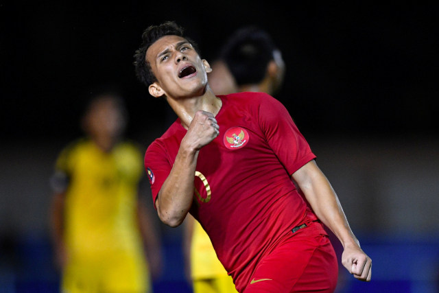 Selebrasi Egy Maulana Vikri usai mencetak gol saat pertandingan melawan Brunei Darussalam di Stadion Sepak Bola Binan, Laguna, Filipina, Selasa (3/12). Foto: ANTARA FOTO/Sigid Kurniawan