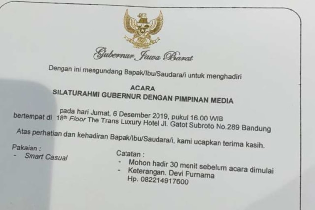 Surat undangan pertemuan Gubernur Jabar Ridwan Kamil dengan pimpinan media. Foto: Dok. Isitimewa