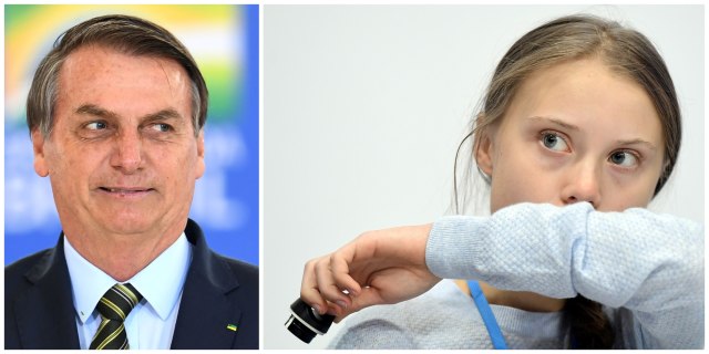Foto kolase Presiden Brasil Jair Bolsonaro dan Aktivis lingkungan Greta Thunberg. Foto: EVARISTO SA & CRISTINA QUICLER