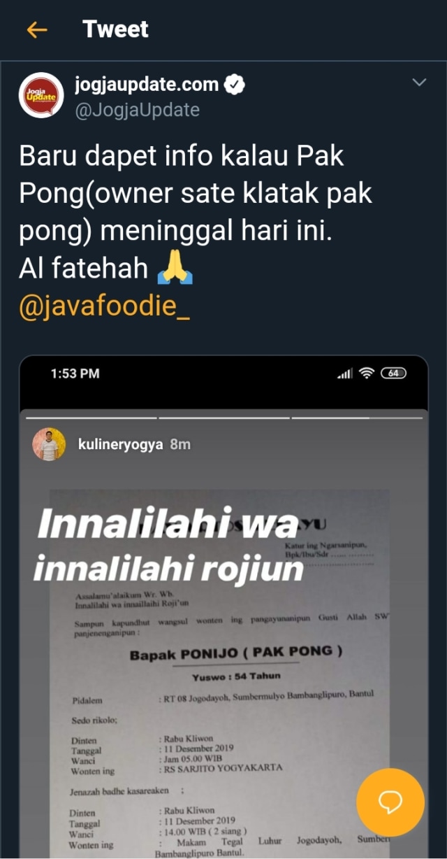 Info hoaks pemilik sate Klathak Pak Pong diisukan meninggal dunia. Foto: Dok. Istimewa
