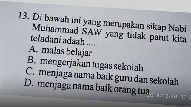 Soal ujian SD diduga berisi konten hinaan terhadap Nabi Muhammad SAW yang beredar di media sosial (Foto: Istimewa)