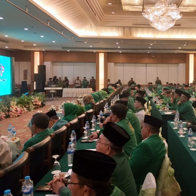 Suasana pembukaan Mukernas V PPP di Hotel Grand Sahid Jaya, Jakarta Pusat, Sabtu (14/12).  Foto: Paulina Herasmaranindar/kumparan 