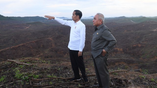 Presiden Joko Widodo bersama Gubernur Kalimantan Timur Isran Noor (kanan) saat meninjau lokasi rencana ibu kota baru di Sepaku, Penajam Paser Utara, Kaltim. Foto: ANTARA FOTO/Akbar Nugroho Gumay