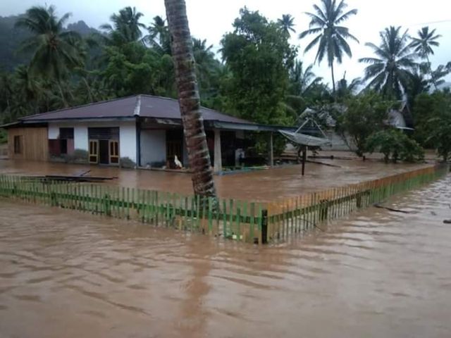 Sebuah rumah warga yang terendam banjir di Desa Timbulon, Kecamatan Paleleh Barat, Kabupaten Buol, Sulteng.Foto: Istimewa