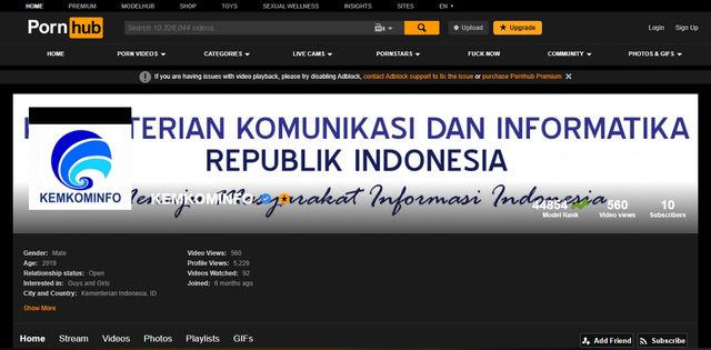 Akun Pornhub yang mengatasnamakan Kominfo. Foto: Screenshot