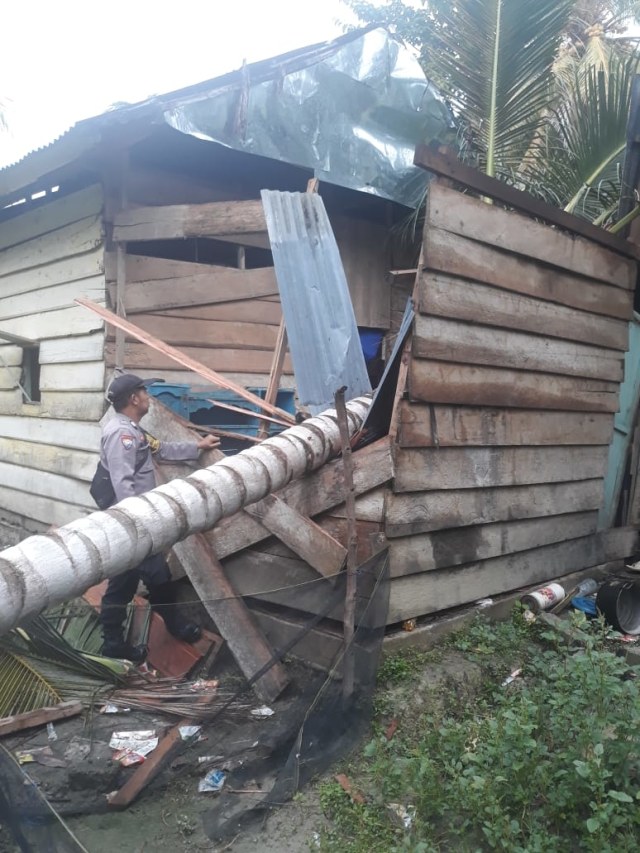 Rumah milik salah seorang warga di Kolaka Utara, mengalami rusak berat akibat tertimpa pohon kelapa yang diterjang angin kencang. Foto: Lukman Budianto/kendarinesia.