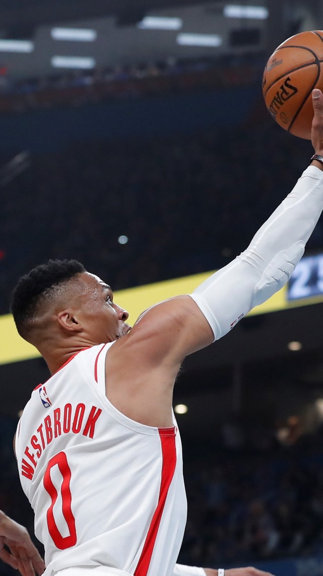 Guard Houston Rockets, Russell Westbrook, beraksi melawan eks timnya, Oklahoma City Thunder.  Foto: Alonzo Adams-USA TODAY Sports