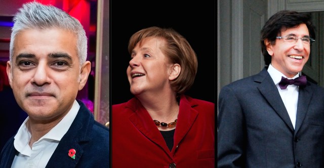 Sadiq Khan, Angela Merkel, dan Elio di Rupo. Sumber gambar: Wikimedia Commons.