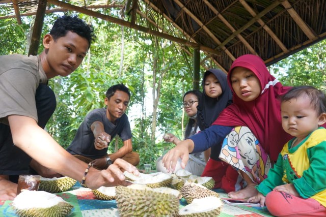 Keluarga yang tengah memakan durian di lokasi Wisata Durian Lampung Selatan, Rabu (15/1) | Foto: Syahwa Roza Hariqo/Lampung Geh