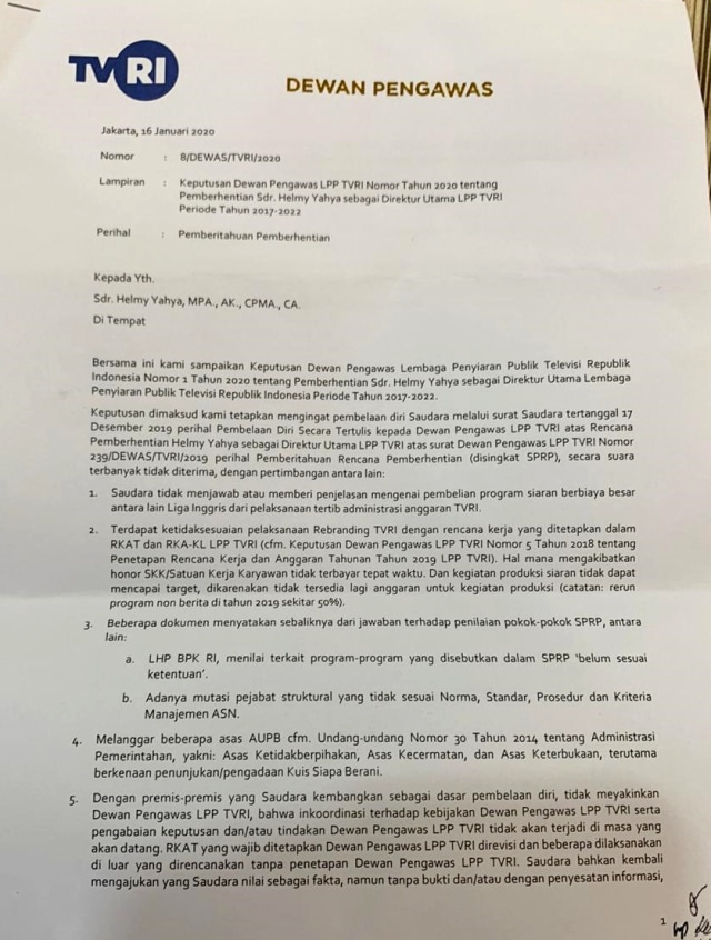 Surat pemecatan Helmy Yahya dari TVRI. Foto: Dok. Istimewa