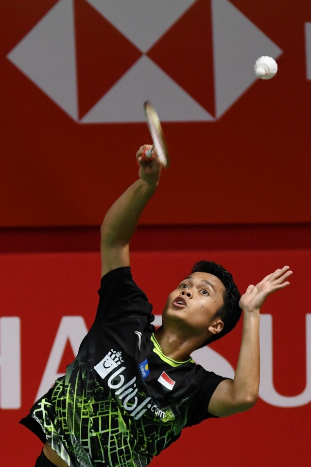 Tunggal putra Indonesia, Anthony Ginting, pada pertandingan final Indonesia Masters 2020 di Istora Senayan, Jakarta. Foto: ANTARA FOTO/Aditya Pradana Putra