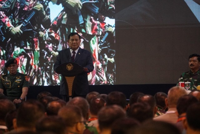 Menteri Pertahanan Prabowo Subianto menghadiri rapim Kementrian Pertahanan, TNI, dan Polri tahun 2020, Jakarta, Kamis (23/1/2020). Foto: Irfan Adi Saputra/kumparan