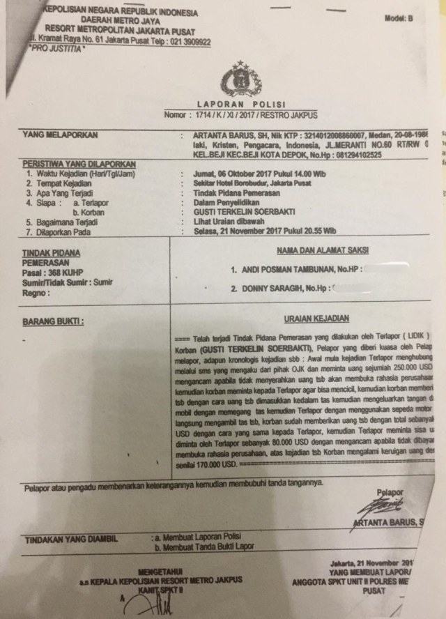 LP Donny Saragih dilaporkan ke Polres Jakpus. Foto: Dok. Istimewa