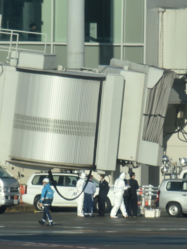 Petugas memeriksa warga Jepang yang dievakuasi dari Kota Wuhan saat tiba di Bandara Haneda, Tokyo, Jepang, Rabu (29/1). Foto: AFP/Kazuhiro NOGI