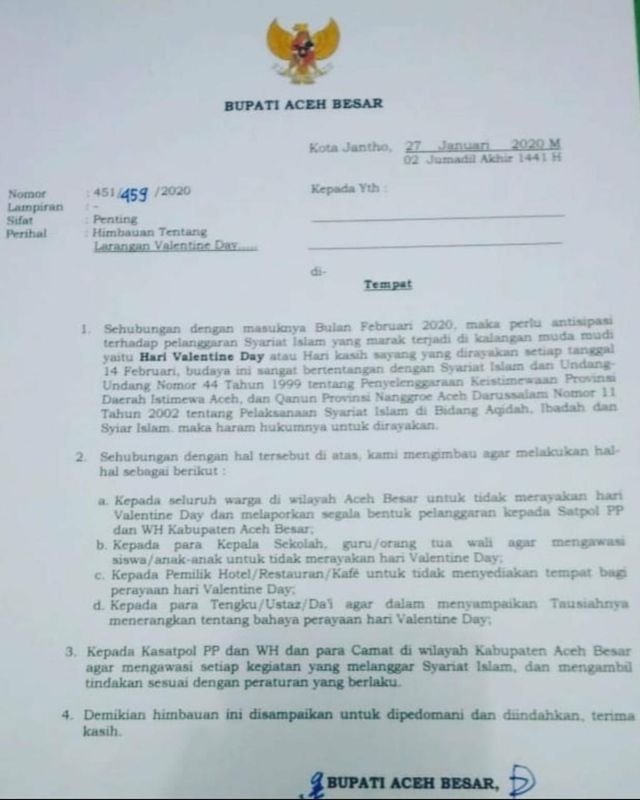 Surat imbauan tentang larangan merayakan Valentine's Day oleh Bupati Aceh Besar. Dok. Istimewa