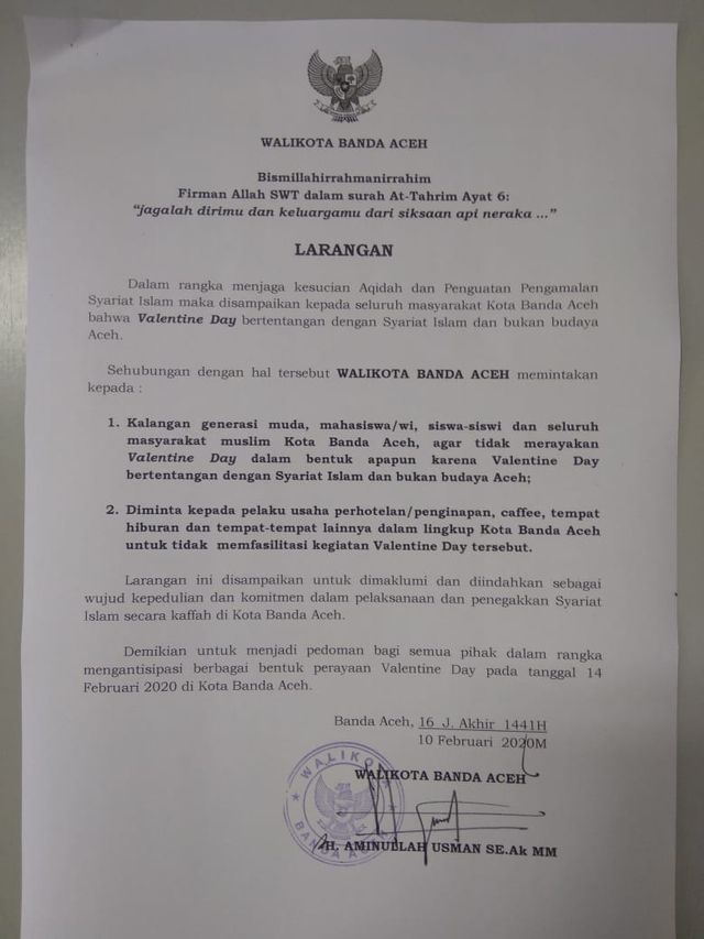 Larangan merayakan Hari Valentine yang dikeluarkan Wali Kota Banda Aceh, Aminullah Usman. Foto: Dok. Pemkot
