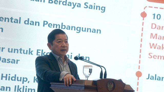 Menteri PPN/Kepala Bappenas Suharso Monoarfa memberikan sambutan dalam acara Kick Off Penyusunan Rencana Kerja Pemerintah 2021 di Kantor Bappenas, Jakarta. Foto: Fanny Kusumawardhani/kumparan