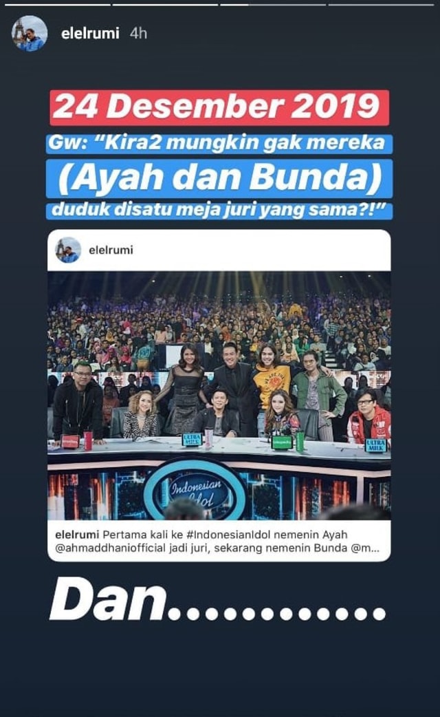 Kebahagiaan El Rumi melihat Ahmad Dhani dan Maia Estianty bersama di Indonesian Idol. Foto: Instagram/@elelrumi