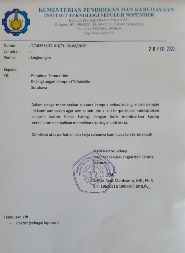 Surat himbauan pengendalian kucing di ITS. Foto: Dok. Istimewa