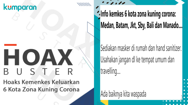 Hoaks Kemenkes Keluarkan 6 Kota Zona Kuning Corona. Foto: Dok. Istimewa
