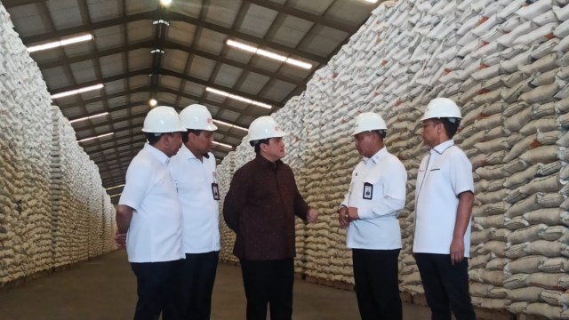 Menteri BUMN Erick Thohir (tengah) dan Dirut Bulog Budi Waseso (kedua kanan) saat mengunjungi gudang Bulog kelapa gading, Rabu (4/3). Foto: Helmi Afandi Abdullah/kumparan