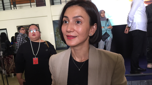 Wanda Hamidah di perilisan trailer dan poster film Serigala Langit, Kamis (5/3).
 Foto: Sarah Yulianti Purnama