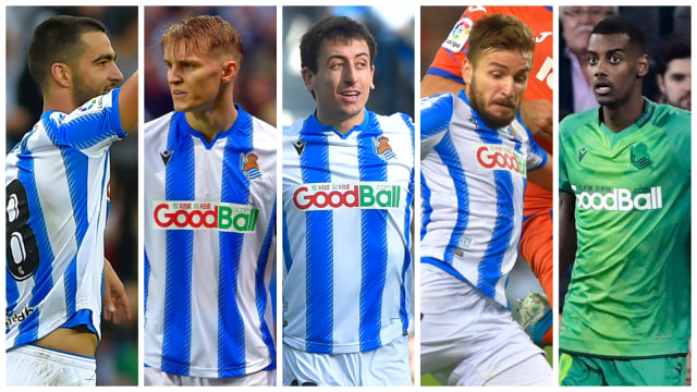 Mikel Merino, Martin Odegaard, Mikel Oyarzabal, Portu, dan Alexander Isak. Foto: Composite-AFP/Ander Gillenea & Javier Soriano