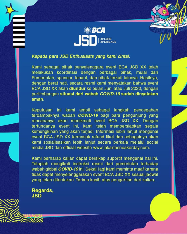 JSD ditunda akibat virus corona dok Instagram @jakartasneakerday