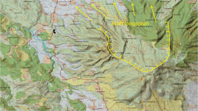 Gambar 1. Peta topografi Gunung api Ungaran yang menunjukkan adanya longsoran yang berukuran raksasa kearah utara/Semarang-Kendal (sumber: @raskamil)