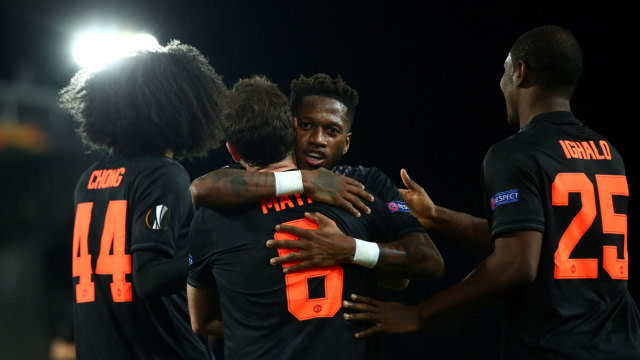 Para pemain Manchester United merayakan gol. Foto: REUTERS/Lisi Niesner