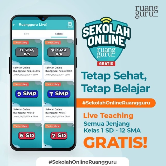 Kelas online gratis Ruangguru. Foto:  Instragram / @ruangguru