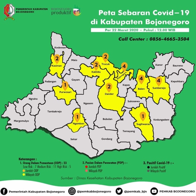 Peta sebaran Covid-19 di Kabupaten Bojonegoro sampai dengan Minggu (22/03/2020)